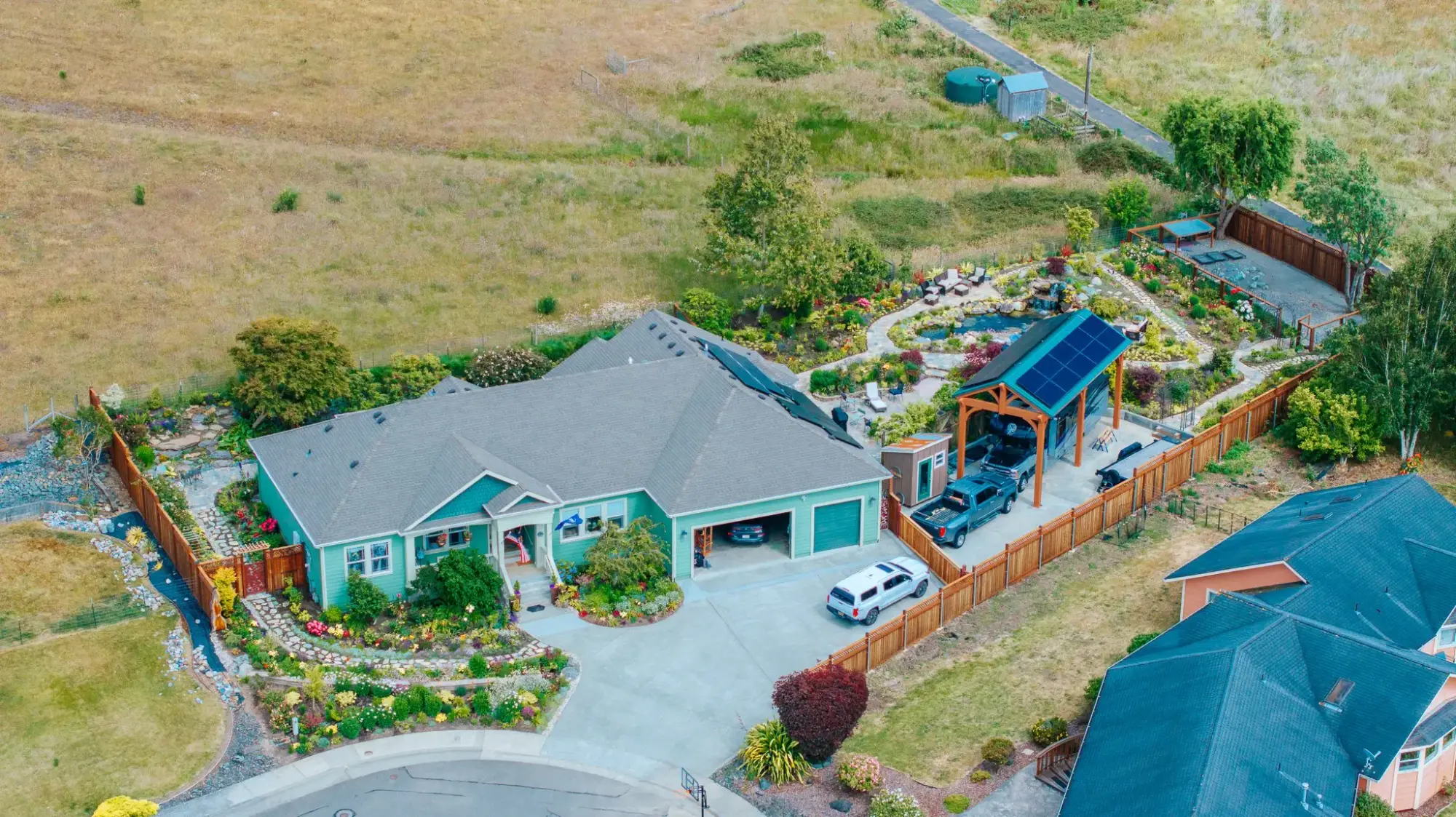 Aerial view of Eureka rooftops and the Humboldt Bay