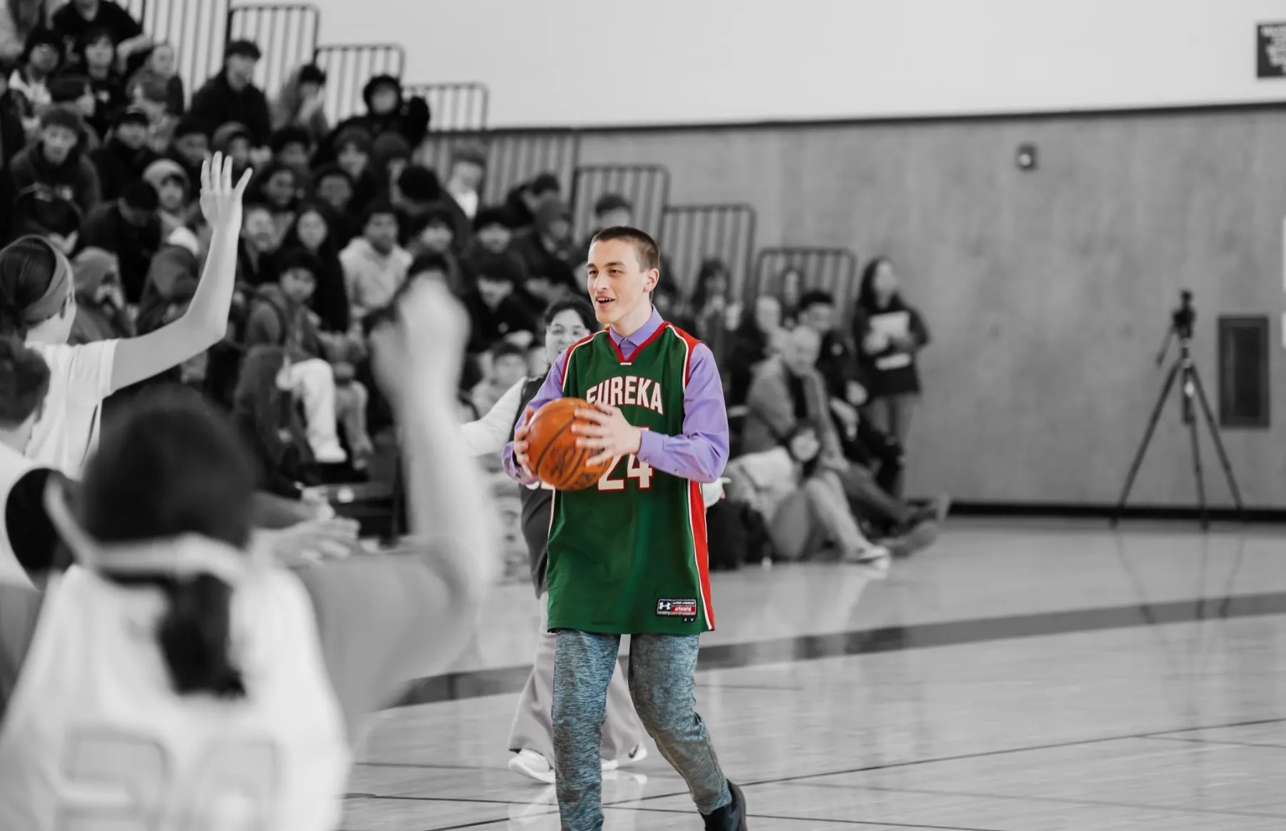 Selective-color basketball action. Special Olympics Eureka